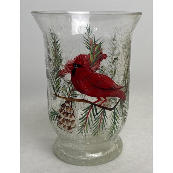 Celebrations Other - Celebrations Hand-Painted Crackle Glass Vase Red Cardinal Candle Holder 6 Inches